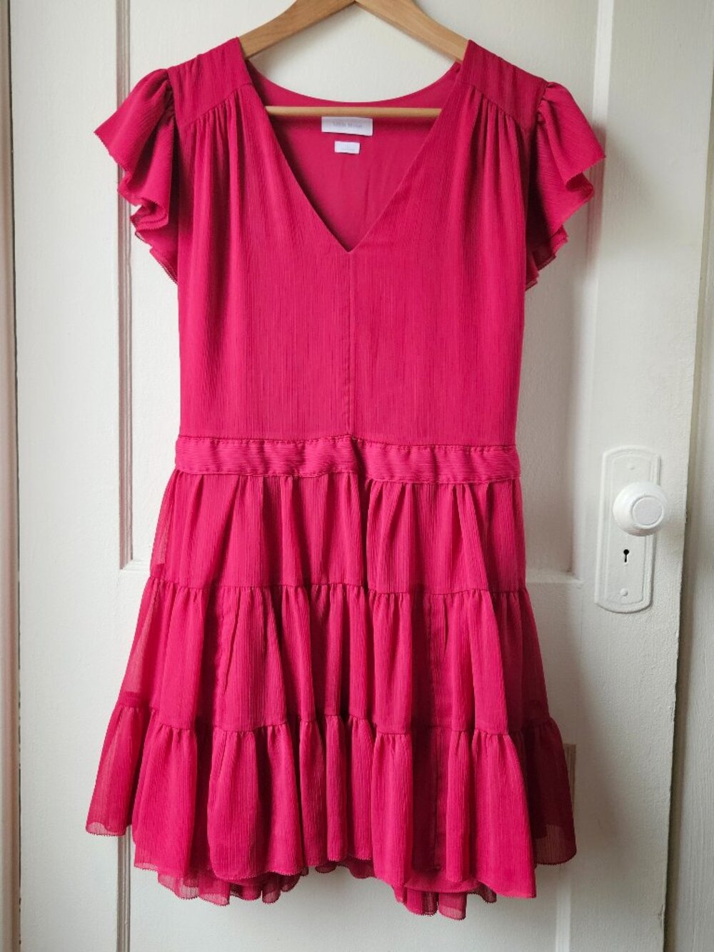 Flutter-Sleeve Tiered V-Neck Dress in Bright Pink